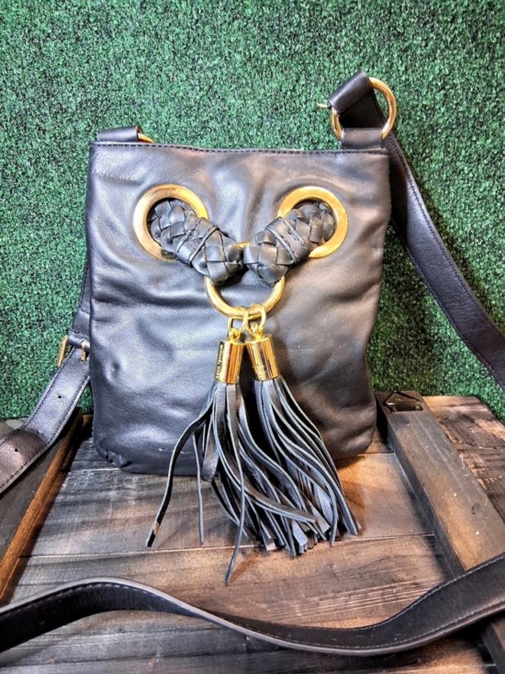 Michael Kors Brooklyn Grommet Medium Leather Hobo Black Crossbody Bag